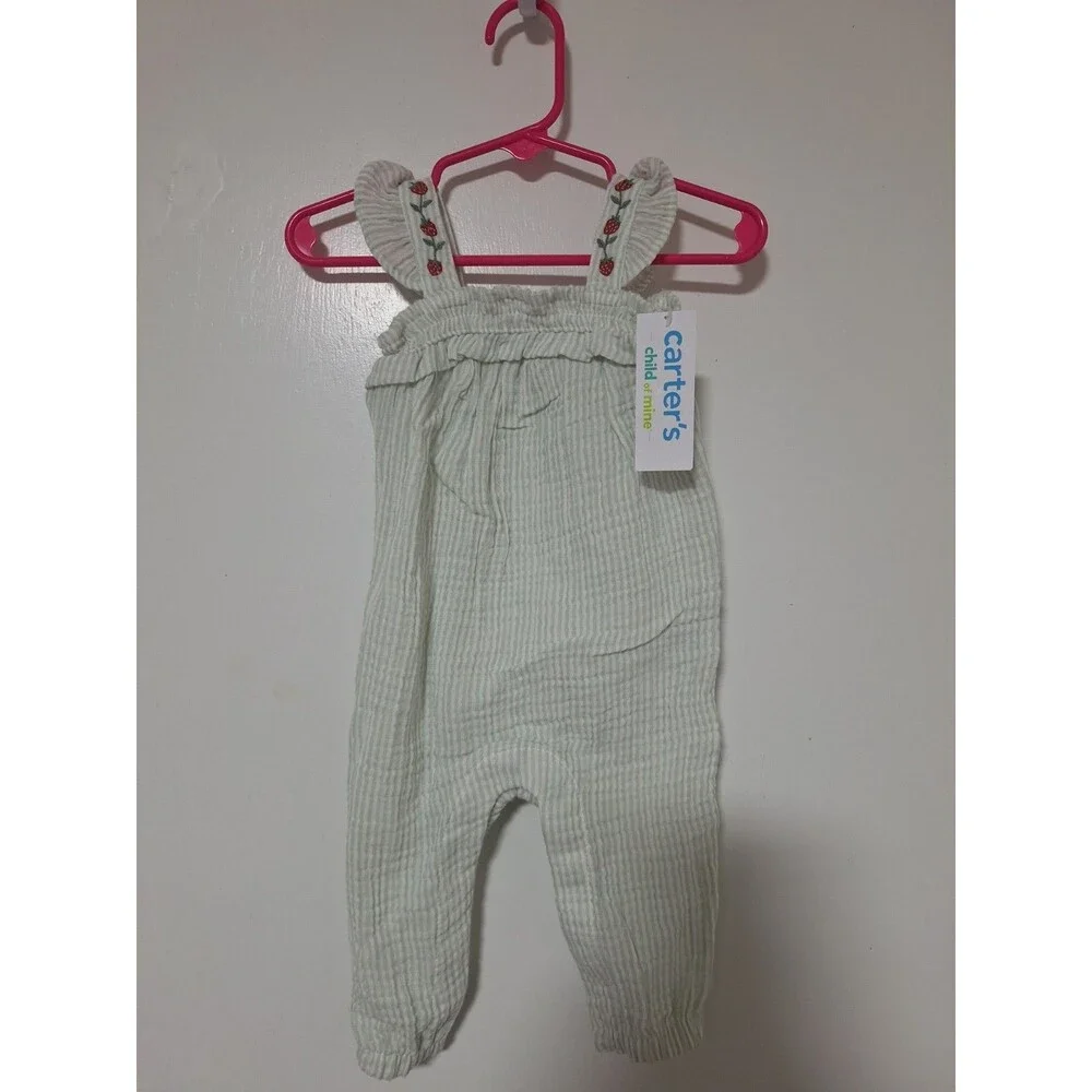 Carter's‎ Girls 3-6M Green/White Striped Seersucker Romper Sleeveless